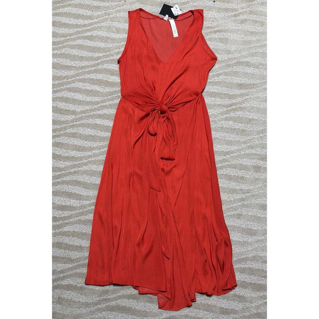NWT Cortefiel Women M Coral Tie Front Midi Dress Sleeveless V Neck Resort