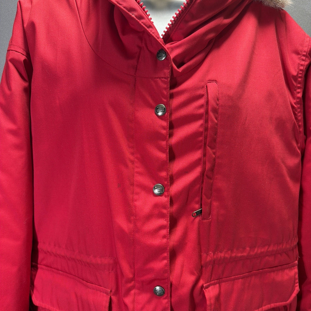 Vintage Woolrich Jacket Womens L Red Wool Lined Parka Coyote Fur Hood Made USA