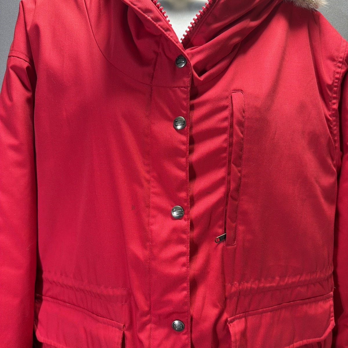 Vintage Woolrich Jacket Womens L Red Wool Lined Parka Coyote Fur Hood Made USA