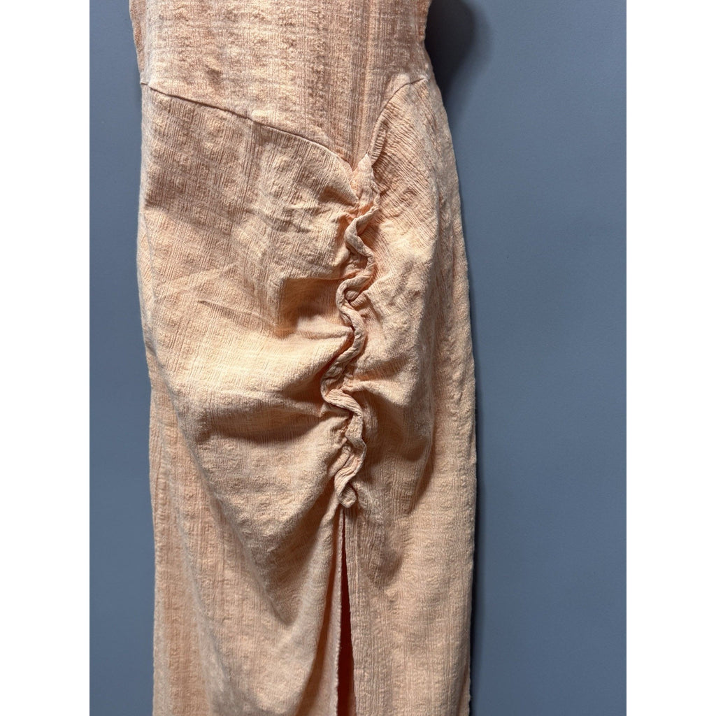 FREE PEOPLE Kokomo Peach Midi Tank Dress Ruched Side Slit Cotton Blend Size Med