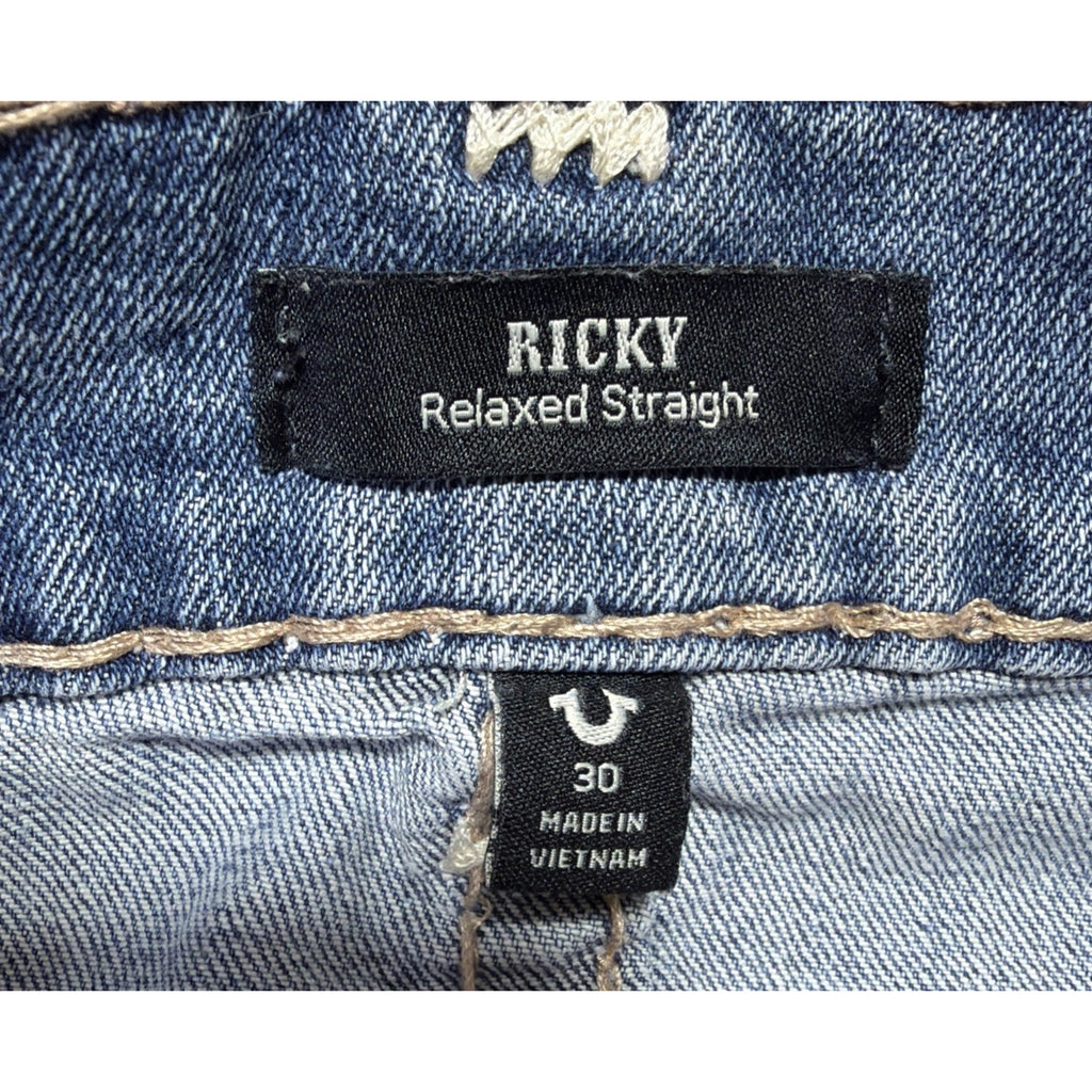 TRUE RELIGION MENS 30 RICKY STRAIGHT LEG FLAP POCKET THICK STITCH DENIM JEANS