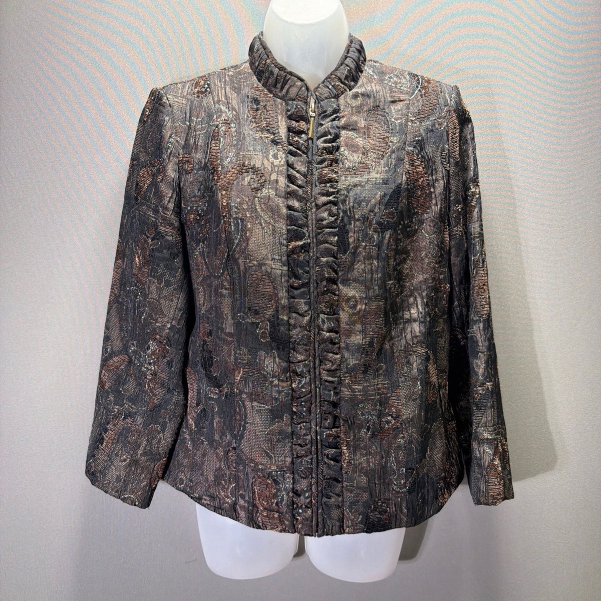 TanJay Petites Jacket Womens Brown Black Metallic Paisley Ruffle Zip Front Lined
