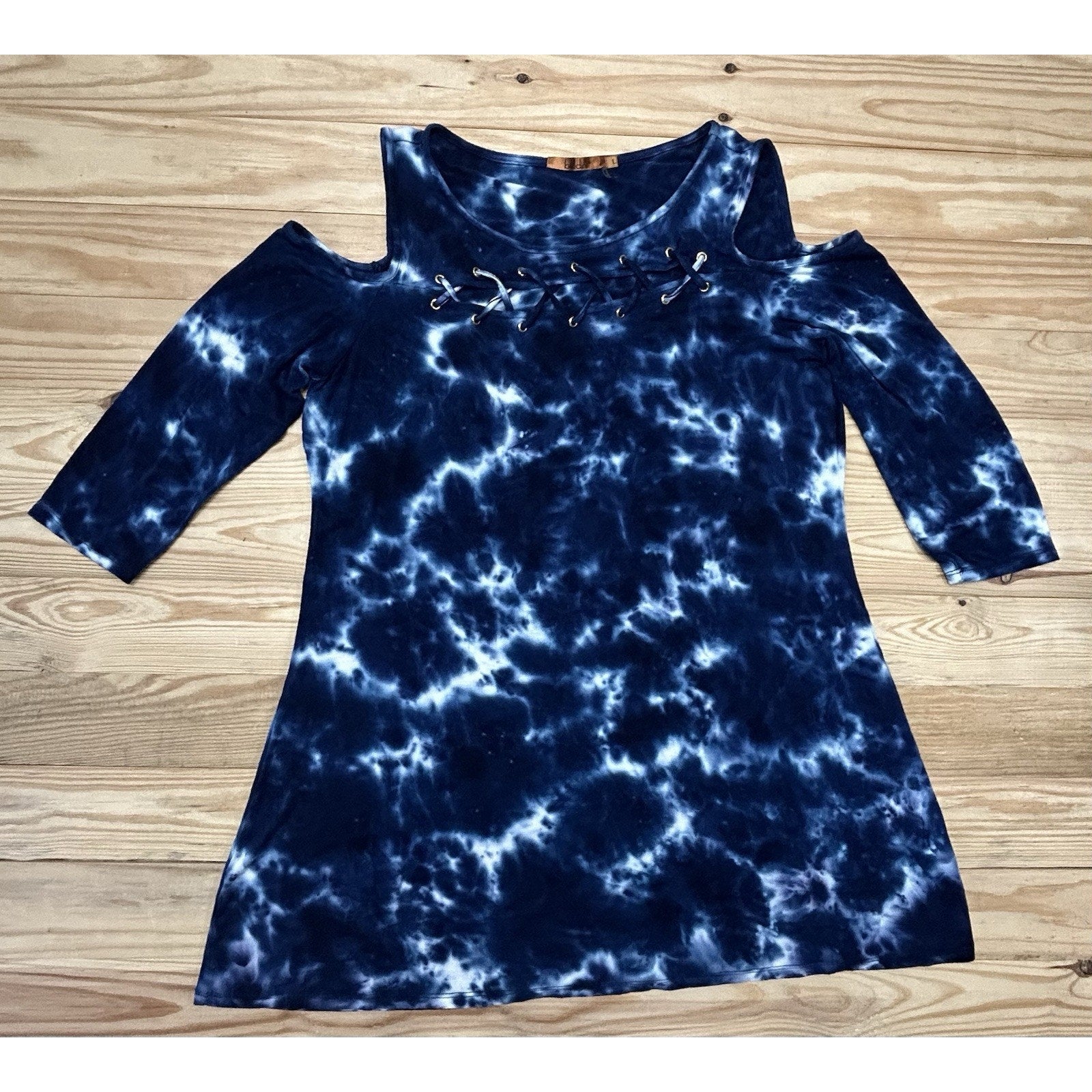 Belldini Women's SZ Large Blue Tie Dye Laced Eyelets Dress Beachy Vacation.