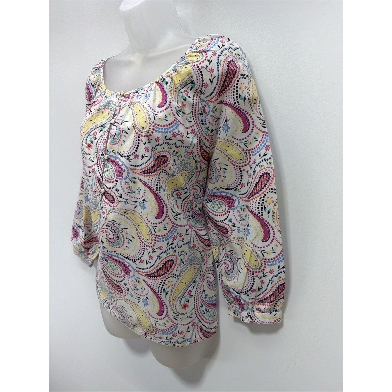 TALBOTS Fuchsia Countryside Paisley Popover Cotton Top Size Large