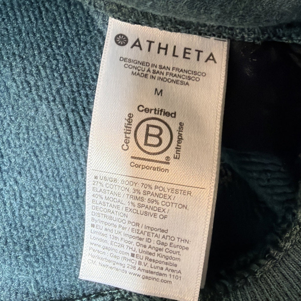 Athleta size M Medium Cozy Karma 1/2 Zip Sweatshirt Teal Stretch Pockets