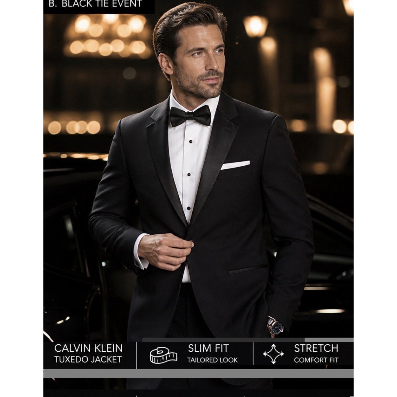 Calvin Klein Black Tuxedo Jacket 48R Slim Fit Wool Stretch Satin Lapel NWT $450