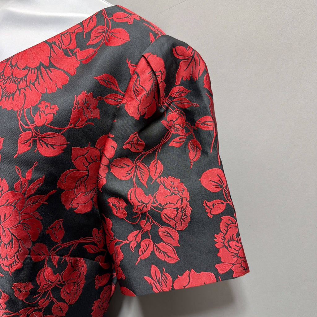 NWT Talbots Back Bow Floral Jacquard A-Line Dress Size 14P Red Black Msrp 179$