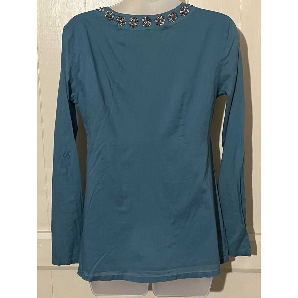 Ann Taylor LOFT Shirt Womens 4 Green Blouse Long Sleeve Embroidered Round Neck