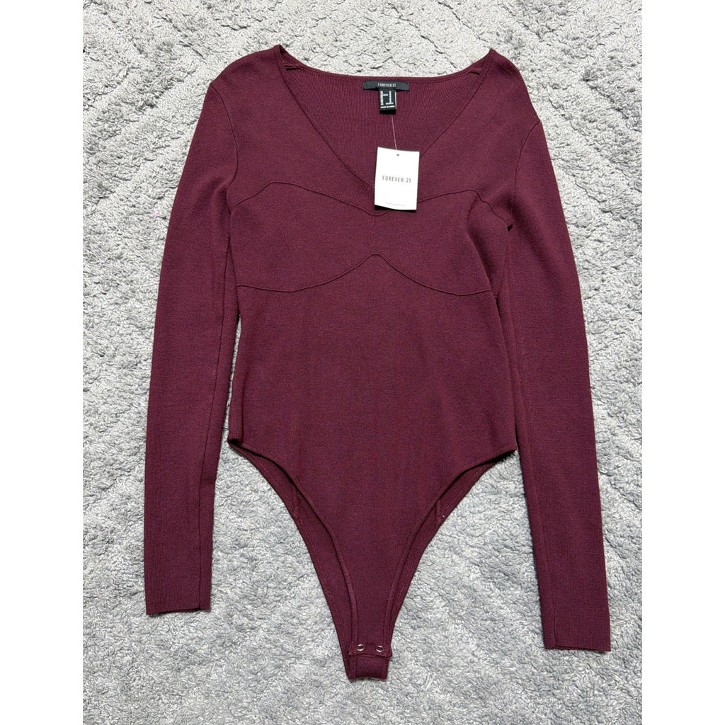 Women's Forever 21 Ribbed Long-Sleeve Bodysuit M Maroon Knit V Neck NWT