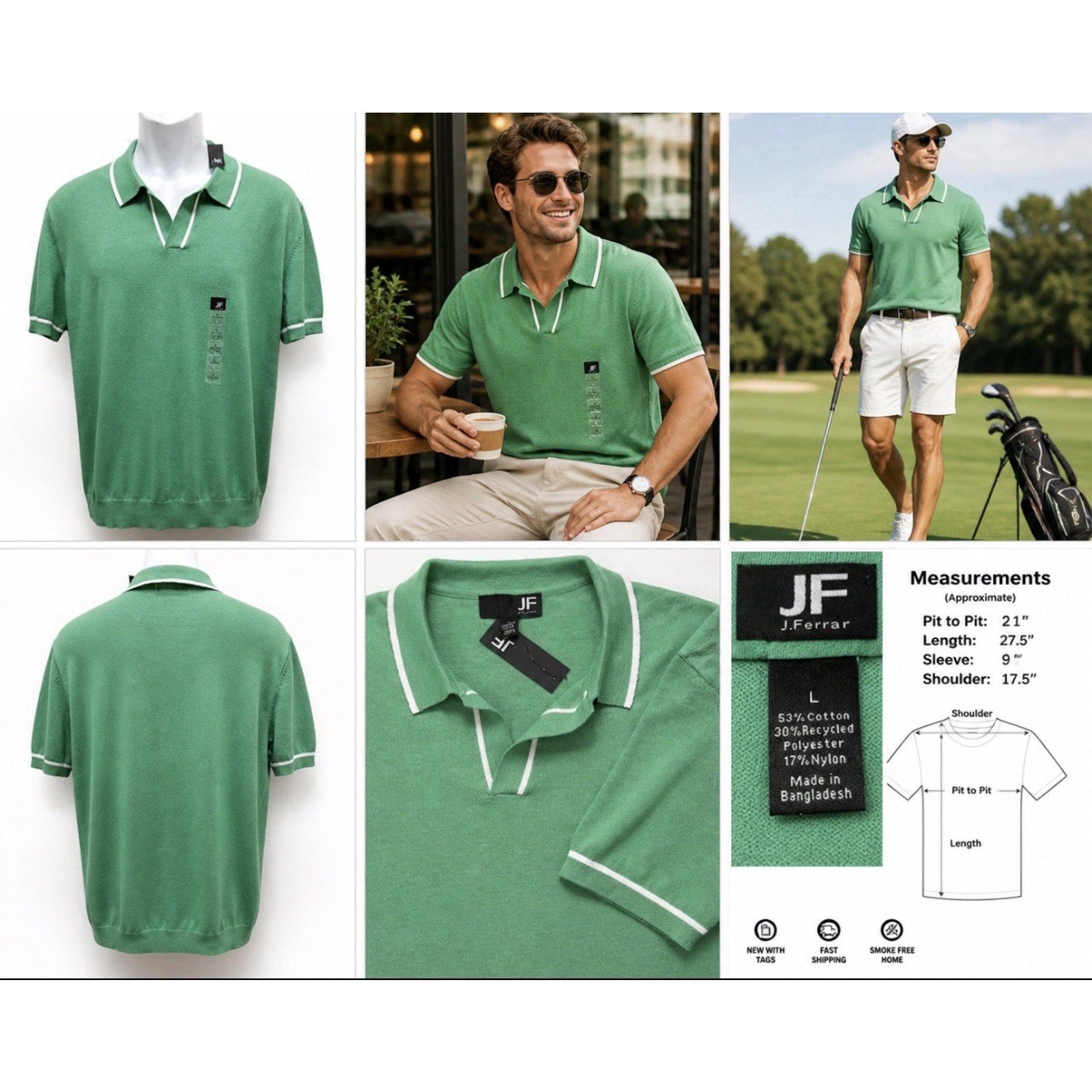 NWT J Ferrar Polo Sweater Mens Large Green Knit Short Sleeve Collared Stretch