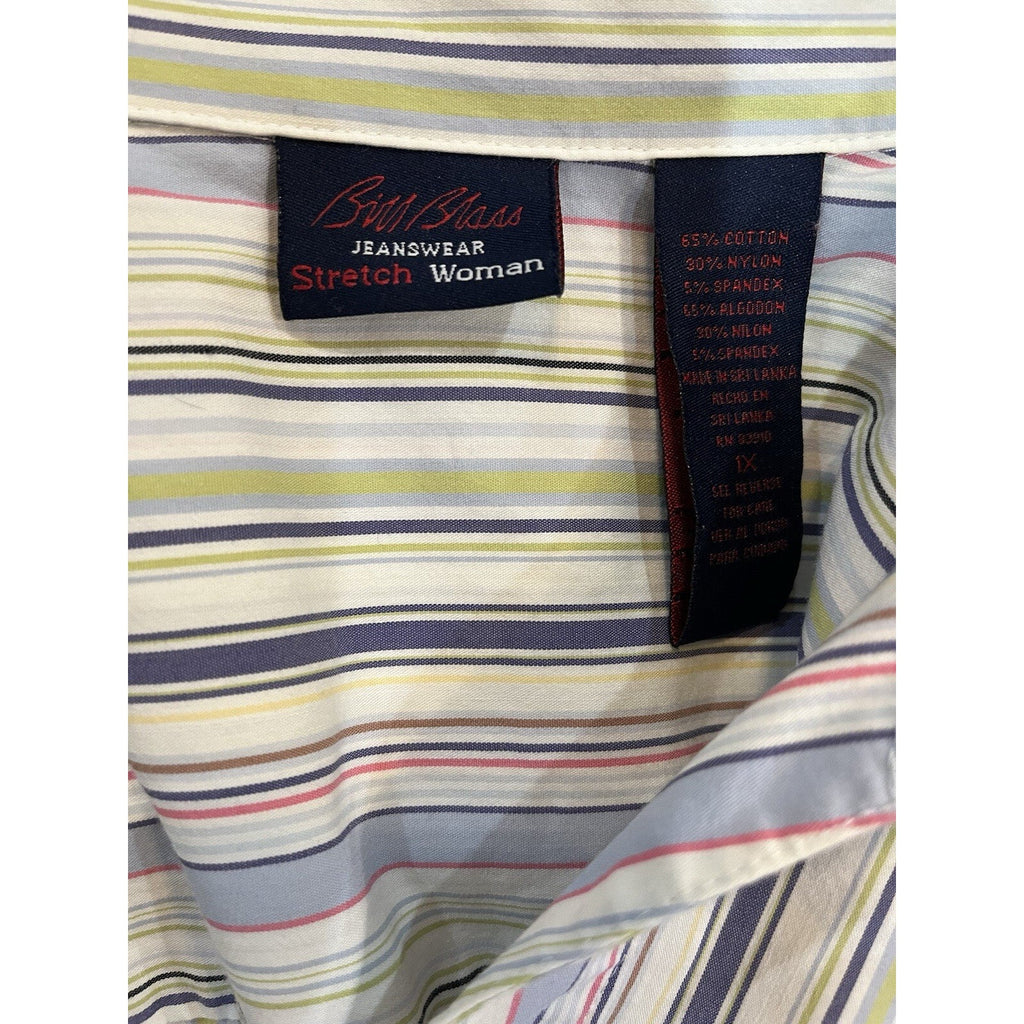 Bill Blass Jeanswear Multi–Blue Green Stripe Button up Women 1X Stretch Vintage