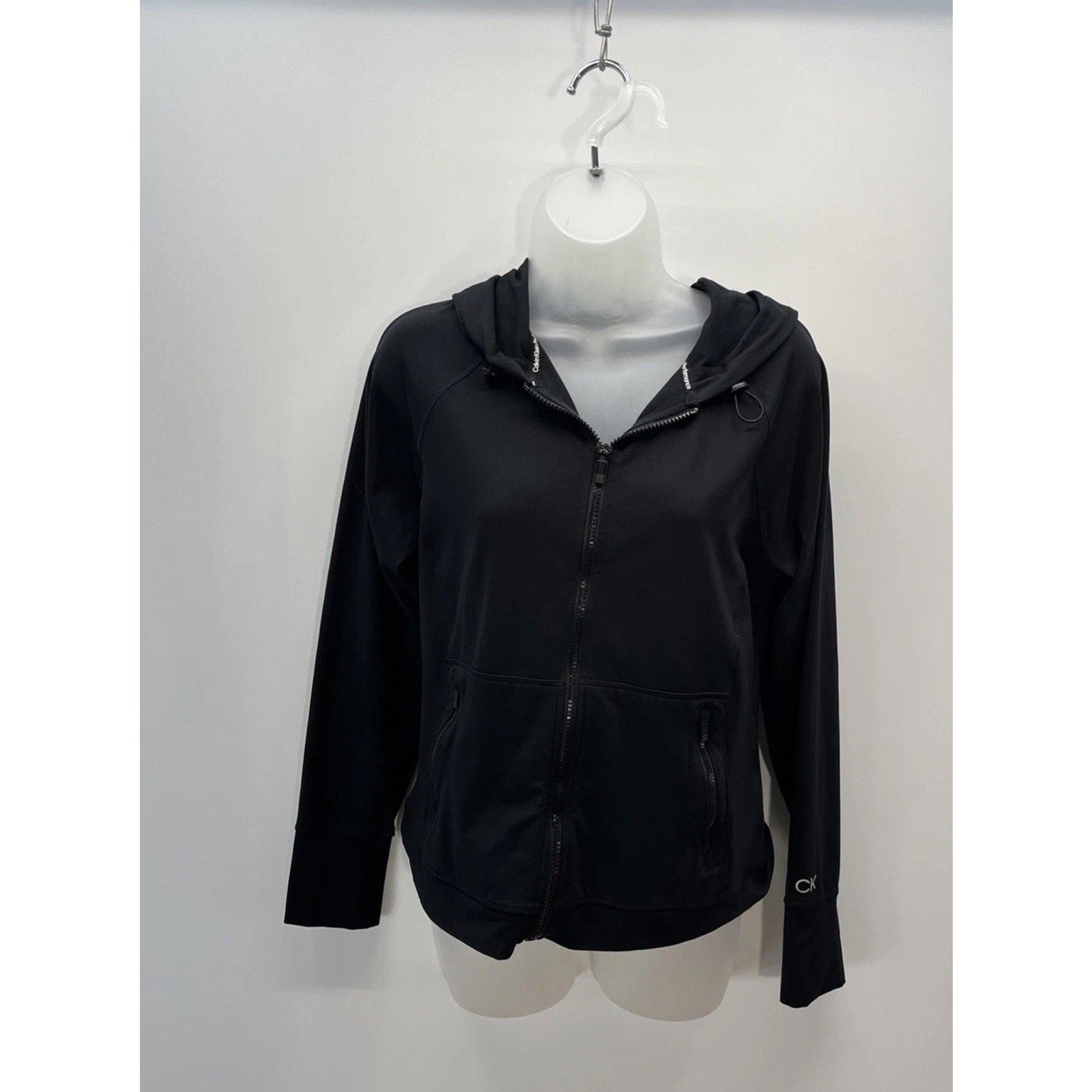 Calvin Klein Performance Black Thumb Hole Hooded Zip Pocket Jacket, Size Medium