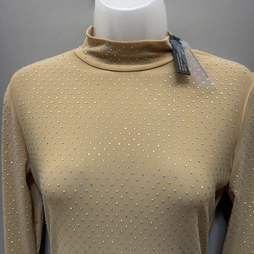 Nylon Apparel Rhinestone Studded Mesh Stretch Bodysuit Top Gold Large - New!