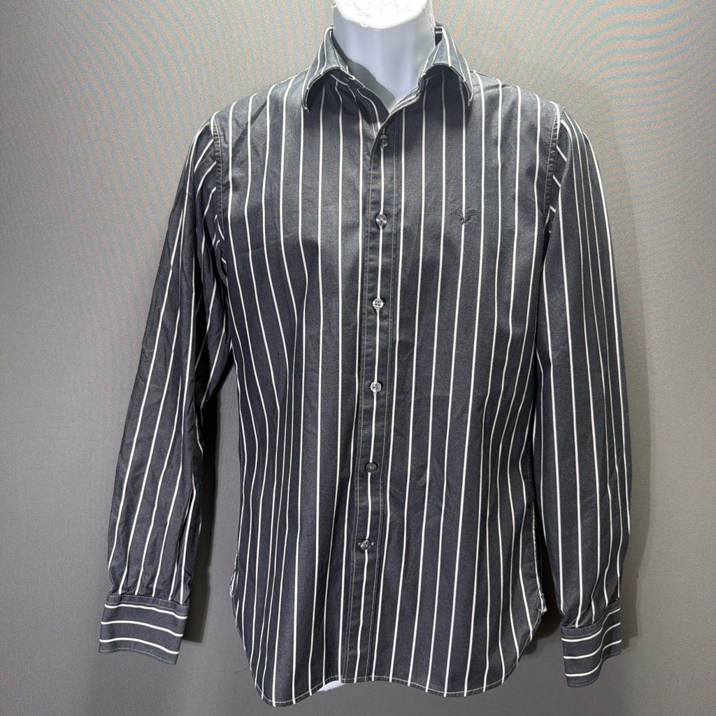 AE AMERICAN EAGLE MEN'S LONG SLEEVE STRIPED BUTTON DRESS SHIRT GRAY XS VTG FIT