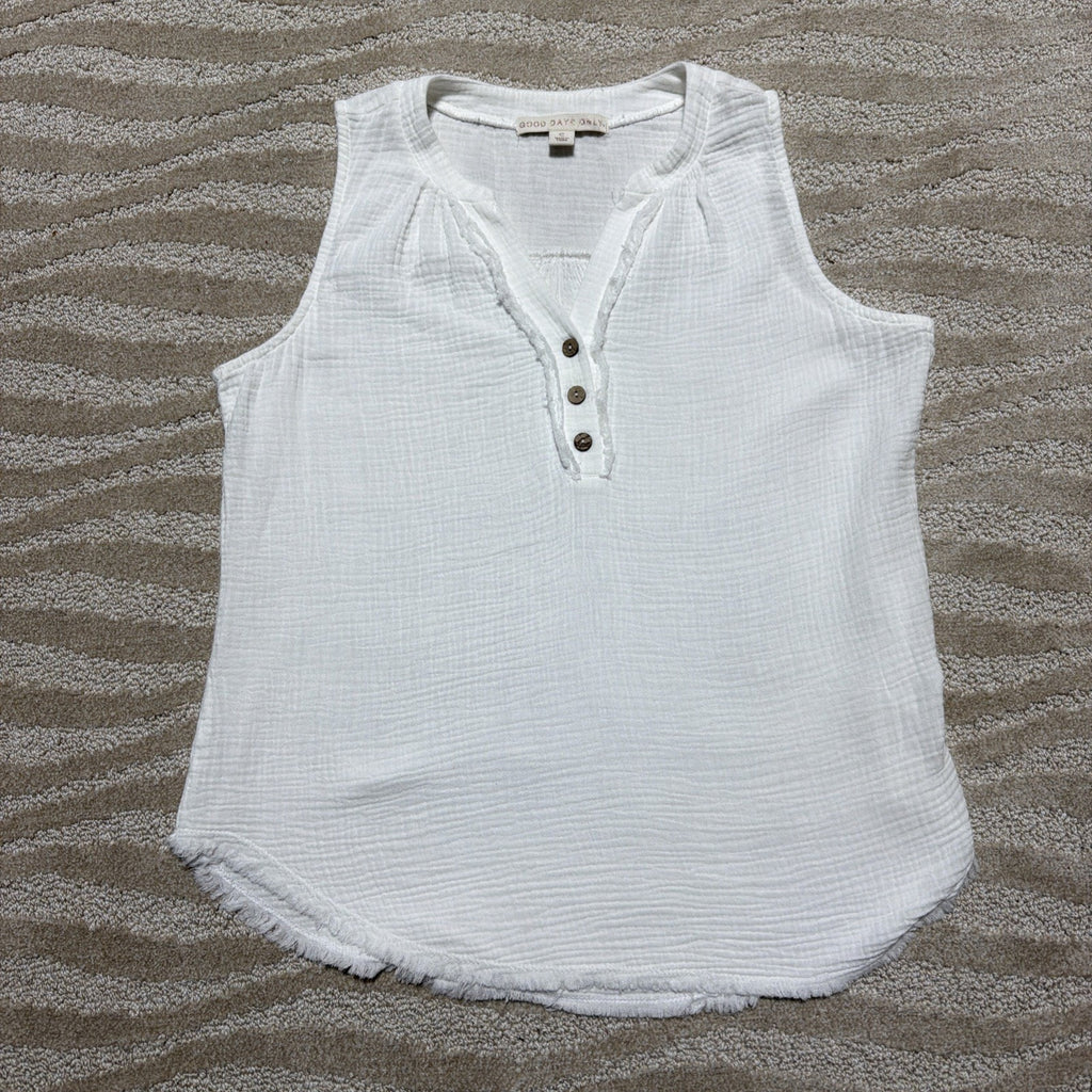 Good Days Only Womens S White Sleeveless Henley Blouse Casual Flowy Top