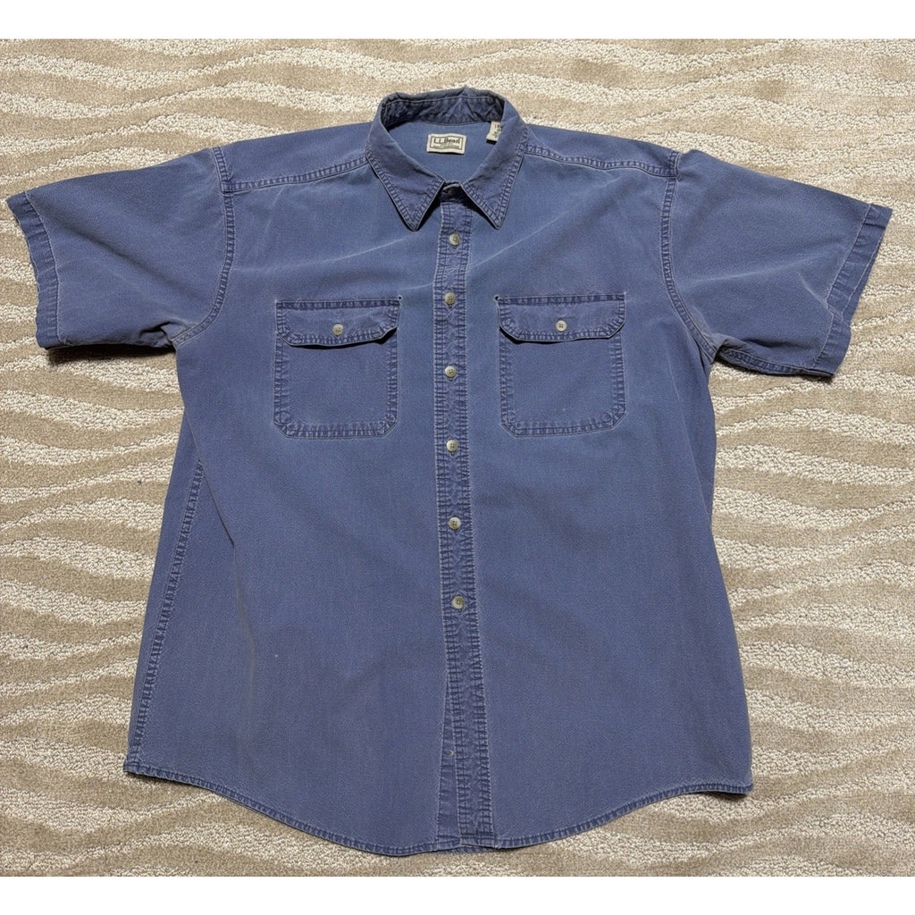Vtg 90s LL Bean Men L Shirt Blue Sunwashed Fade Canvas Button Up Made Canada