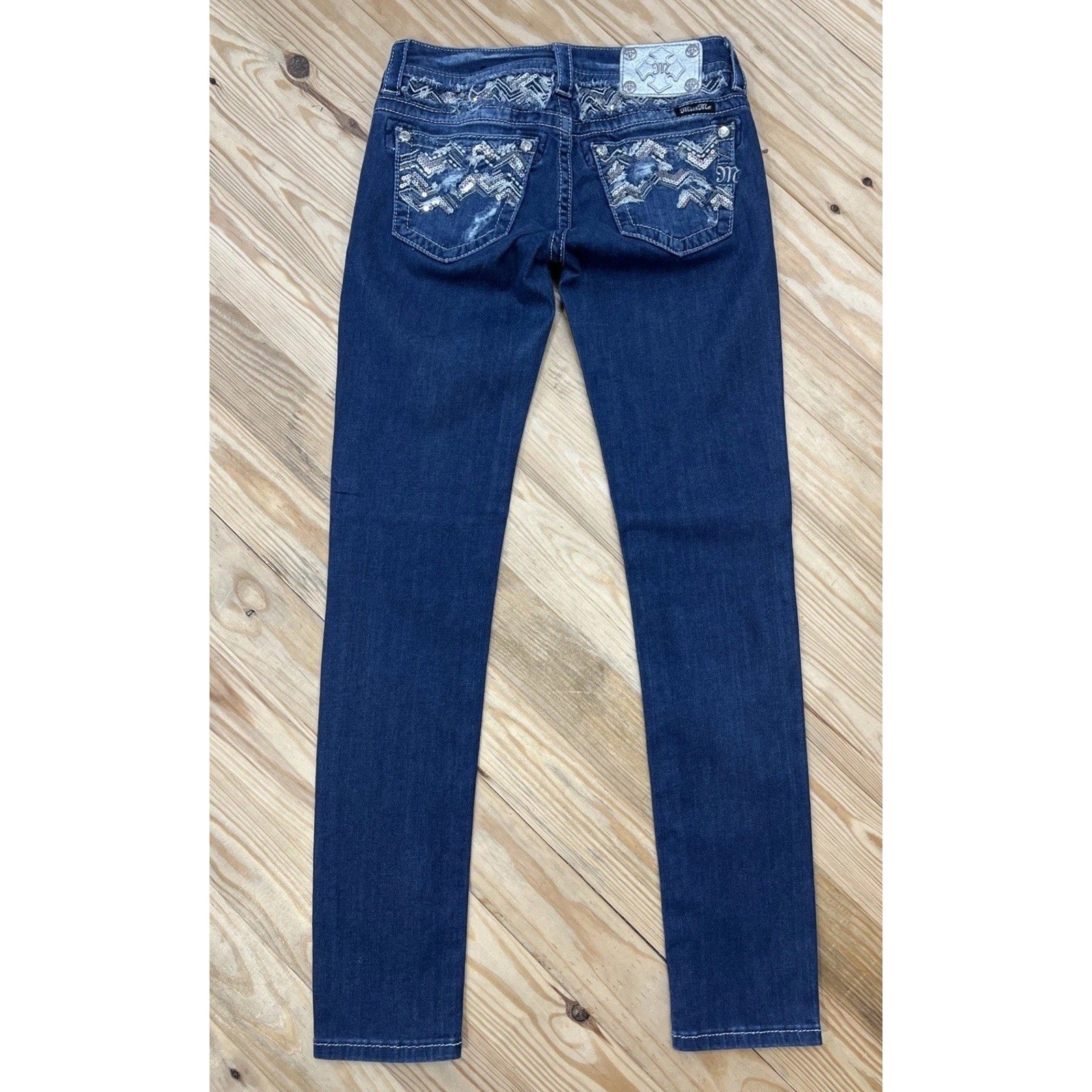 Miss Me Signature Ankle Skinny Low Rise Jeweled Pocket Embellished Jeans size 27