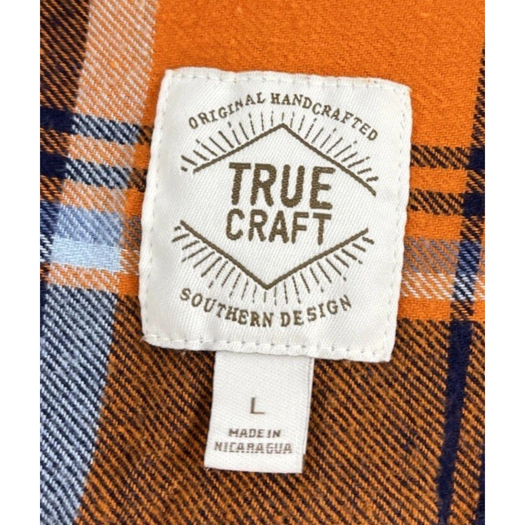True Craft Men’s Sz Large Orange & Navy Plaid Flannel Button-Down Shirt