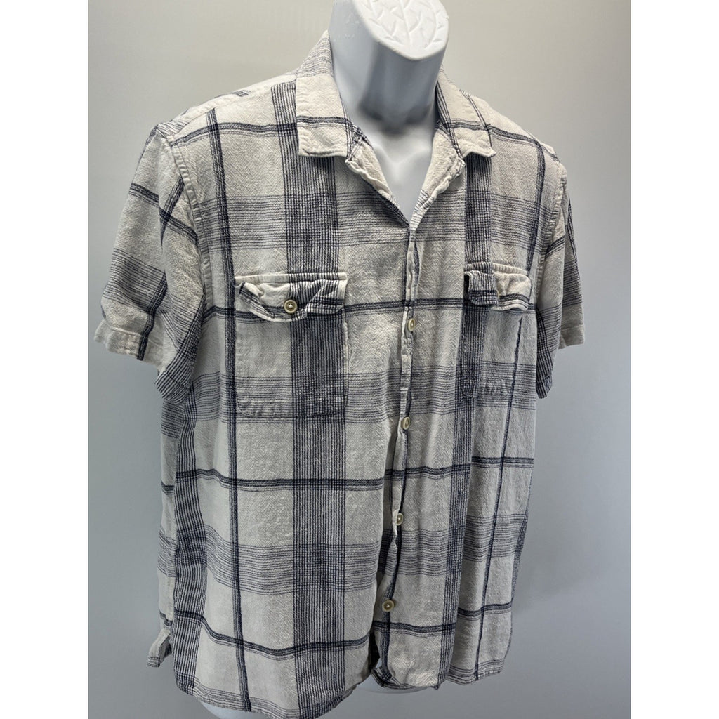 Lucky Brand Linen Blend Short Sleeve Plaid Button Front Shirt Men's XL White