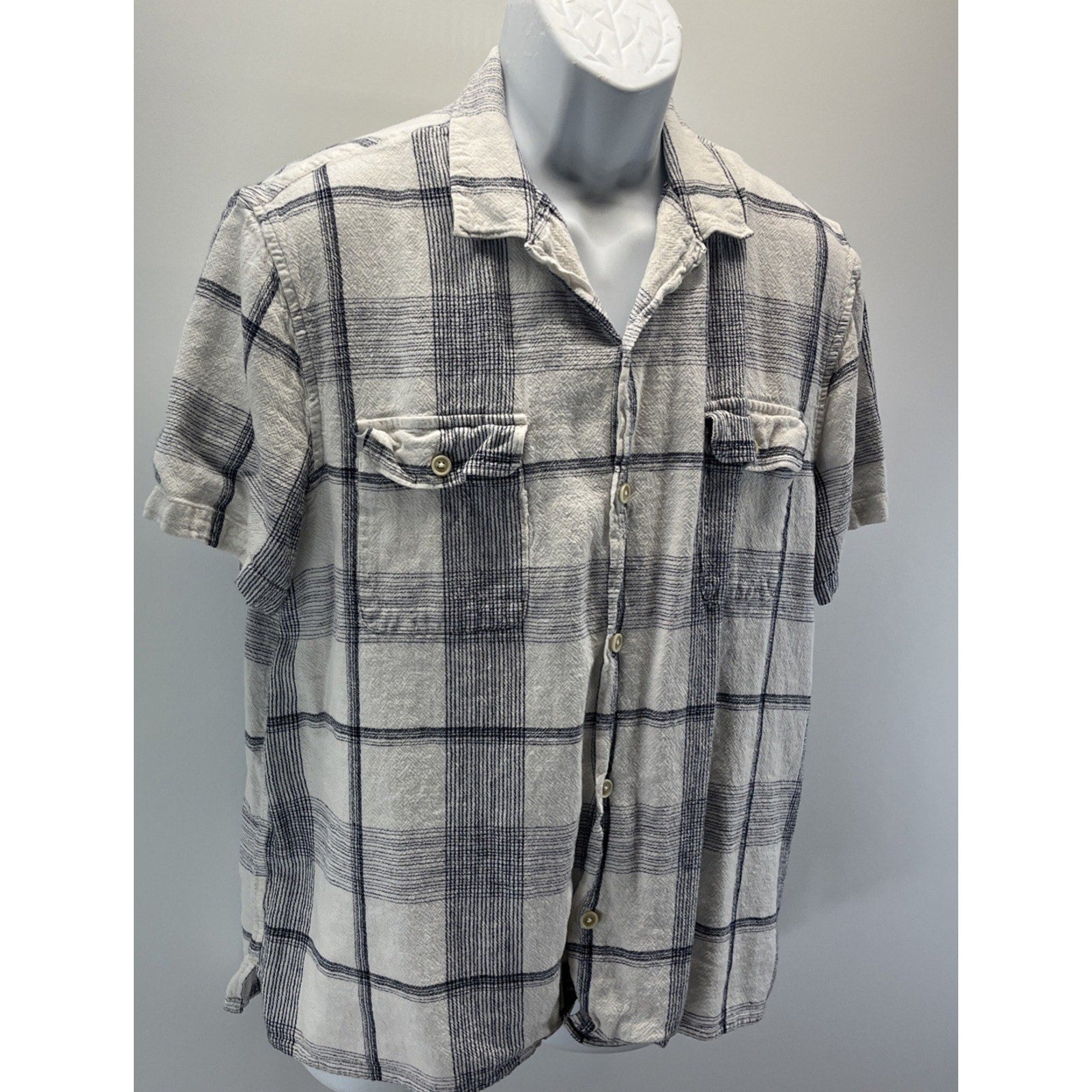 Lucky Brand Linen Blend Short Sleeve Plaid Button Front Shirt Men's XL White