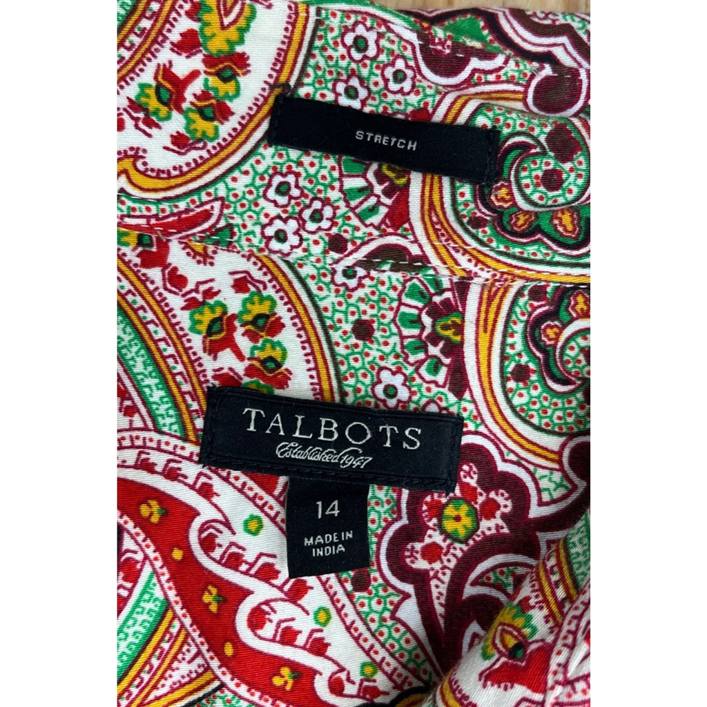 Talbots Green Red Paisley Button Down Shirt Stretch Collared Long Sleeve 14