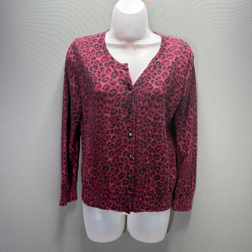 TALBOTS Cardigan Womens LP Burgundy Black Leopard Print Cotton Long Sleeve