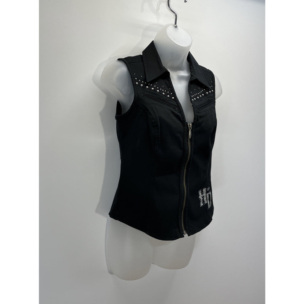Harley Davidson Studded Rhinestones Denim Vest Size S Full Zip Front