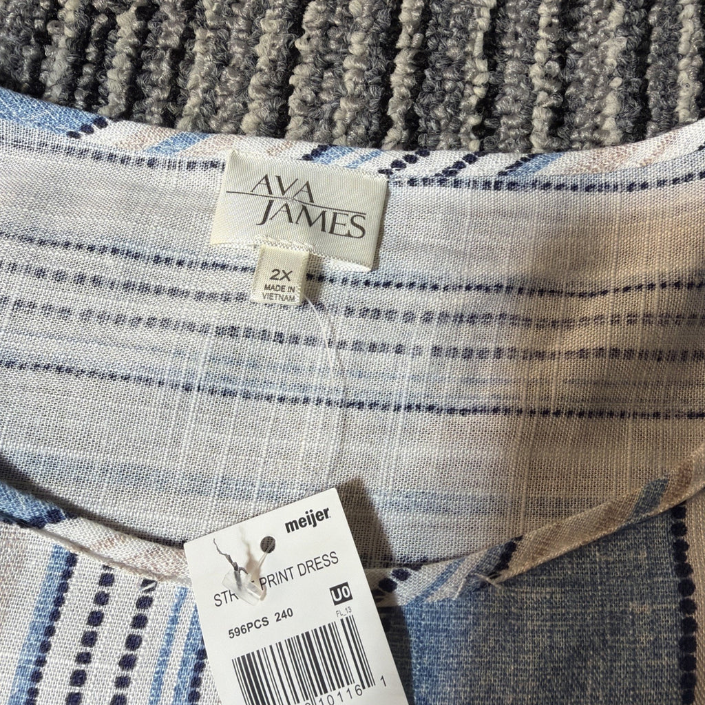 Ava James Plus Size 2X Dress Blue White Striped Linen Blend Balloon Sleeve New