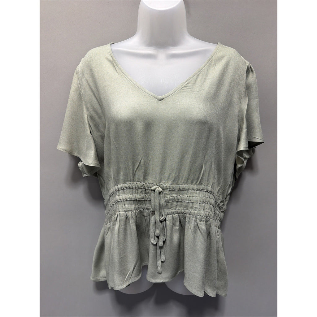 Maurices Top Womens XL Green V-Neck Peplum Tie Waist Boho Peasant