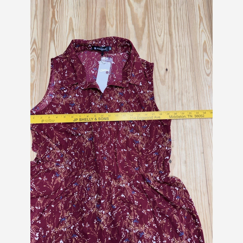 Allegra K Women's Collared Button Up Midi Floral Dress Dark Red X-Large