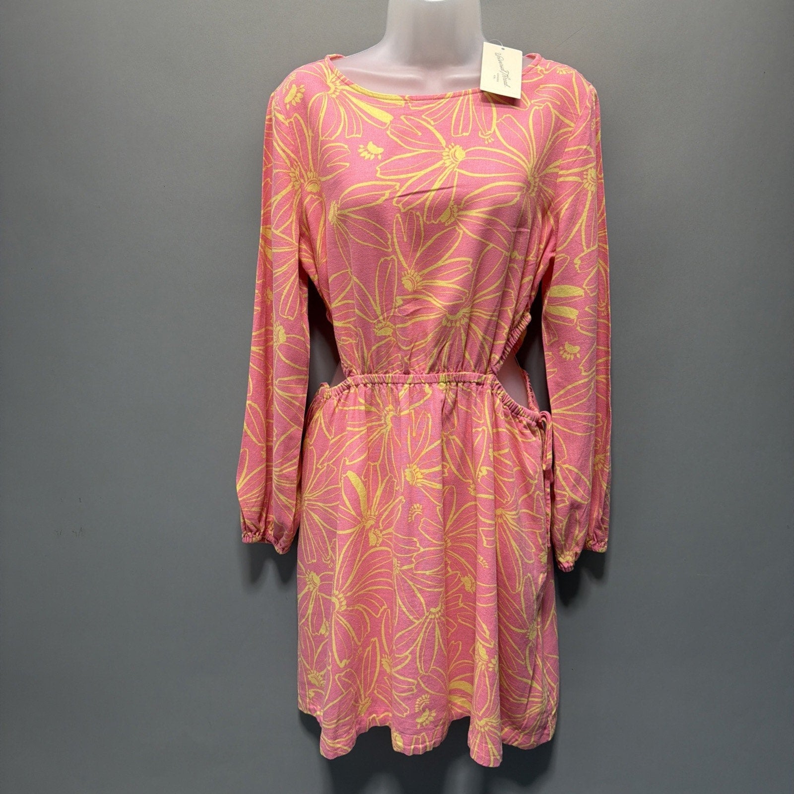 Universal Thread Pink Floral Linen Long Sleeve Cutout Fit Flare Dress M NWT Pock