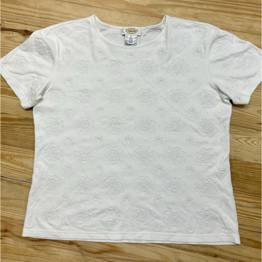TALBOTS Women's 100%Cotton Short Sleeve Top Embroidered Solid White Size Medium