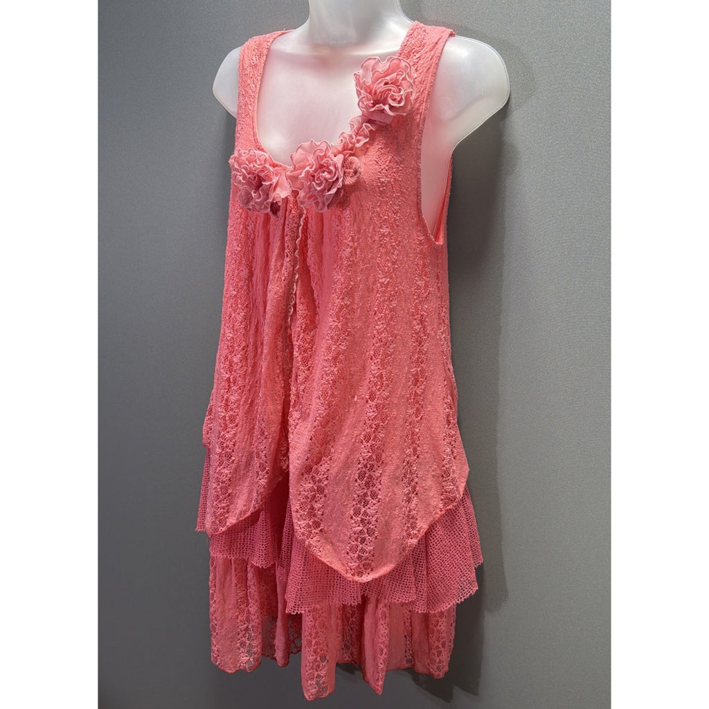 Pretty Angel Tiered Silk Mini Dress Flower Embellishment Size M Stretch Flowy