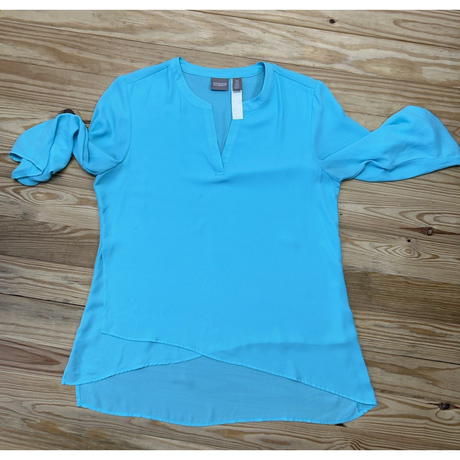 CHICO'S Size 0 Small Womens Teal Split Neck Long Sleeve Sheer Blouse .