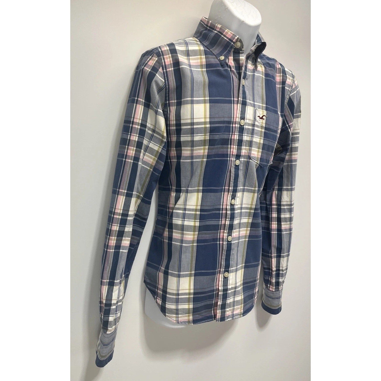 HOLLISTER Men’s Size S Button Front Shirt Long Sleeve Blue Pink Plaid Cotton