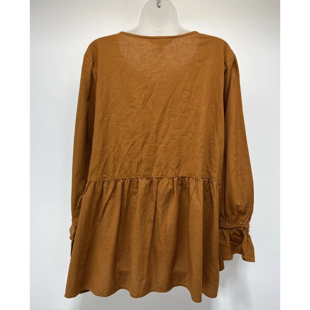Tantrums Burnt Orange Embroidered Peasant Babydoll Linen Blend Tunic Top XXL