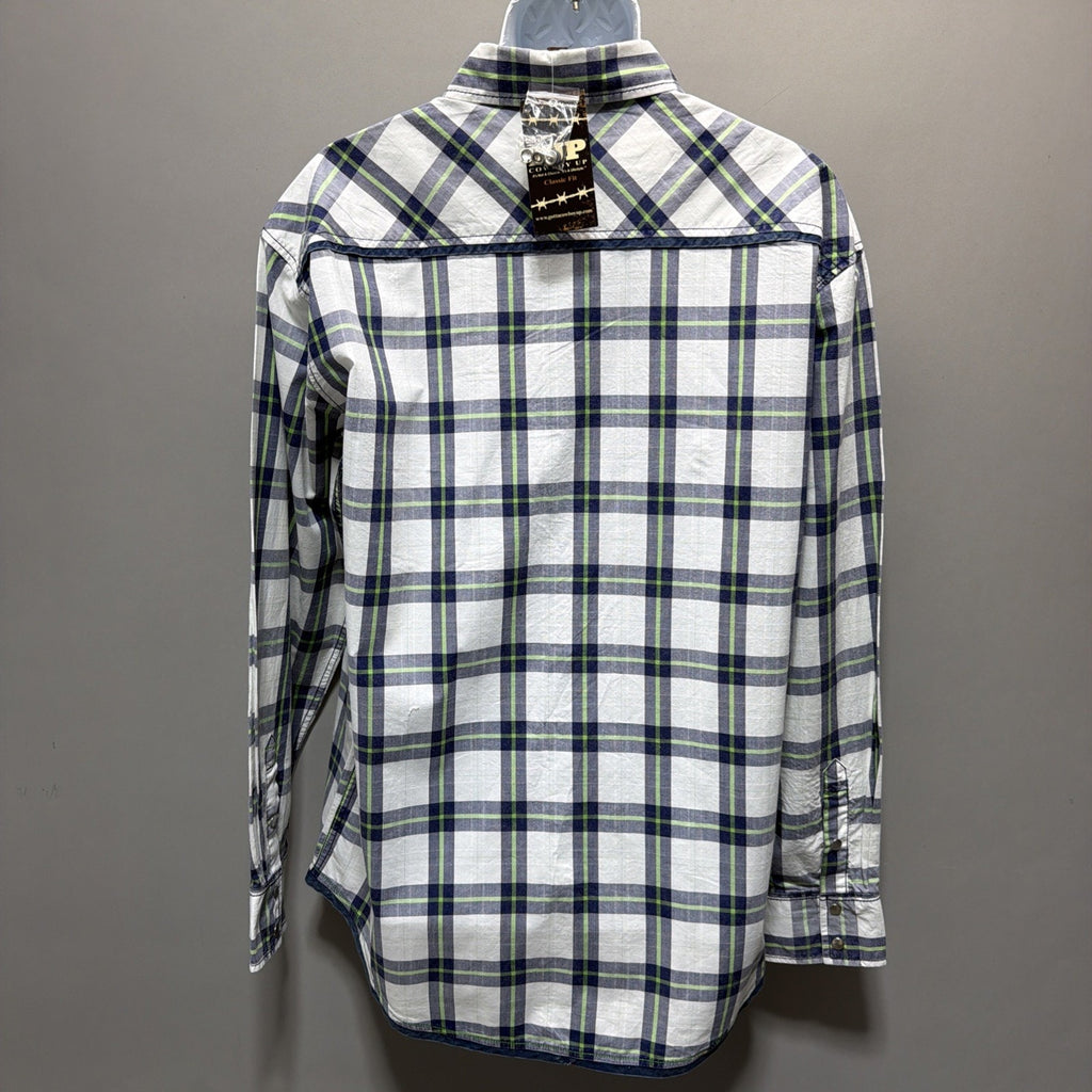 Men's NEW COWBOY UP Size Large Green/White/Blue Classic Fit Pearl Snap LS Shirt