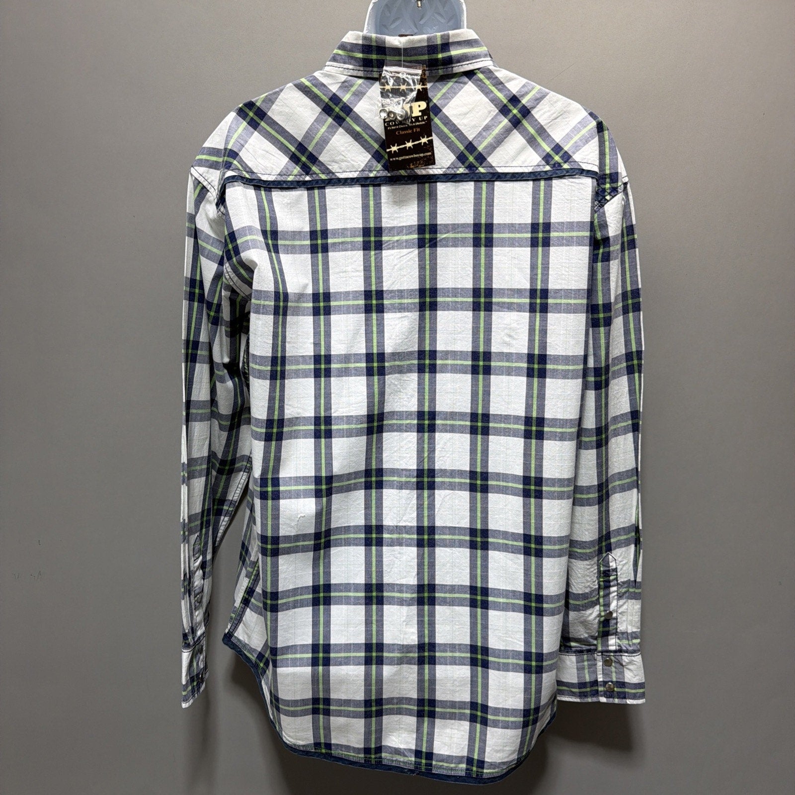 Men's NEW COWBOY UP Size Large Green/White/Blue Classic Fit Pearl Snap LS Shirt