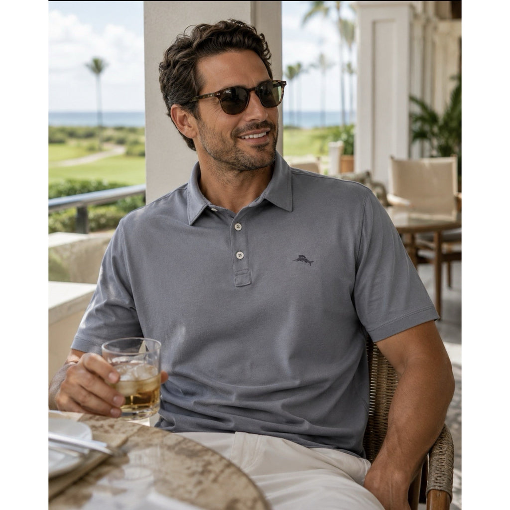 Tommy Bahama Men's Polo XXL Blue Gray Marlin Logo Short Sleleve Golf Shirt