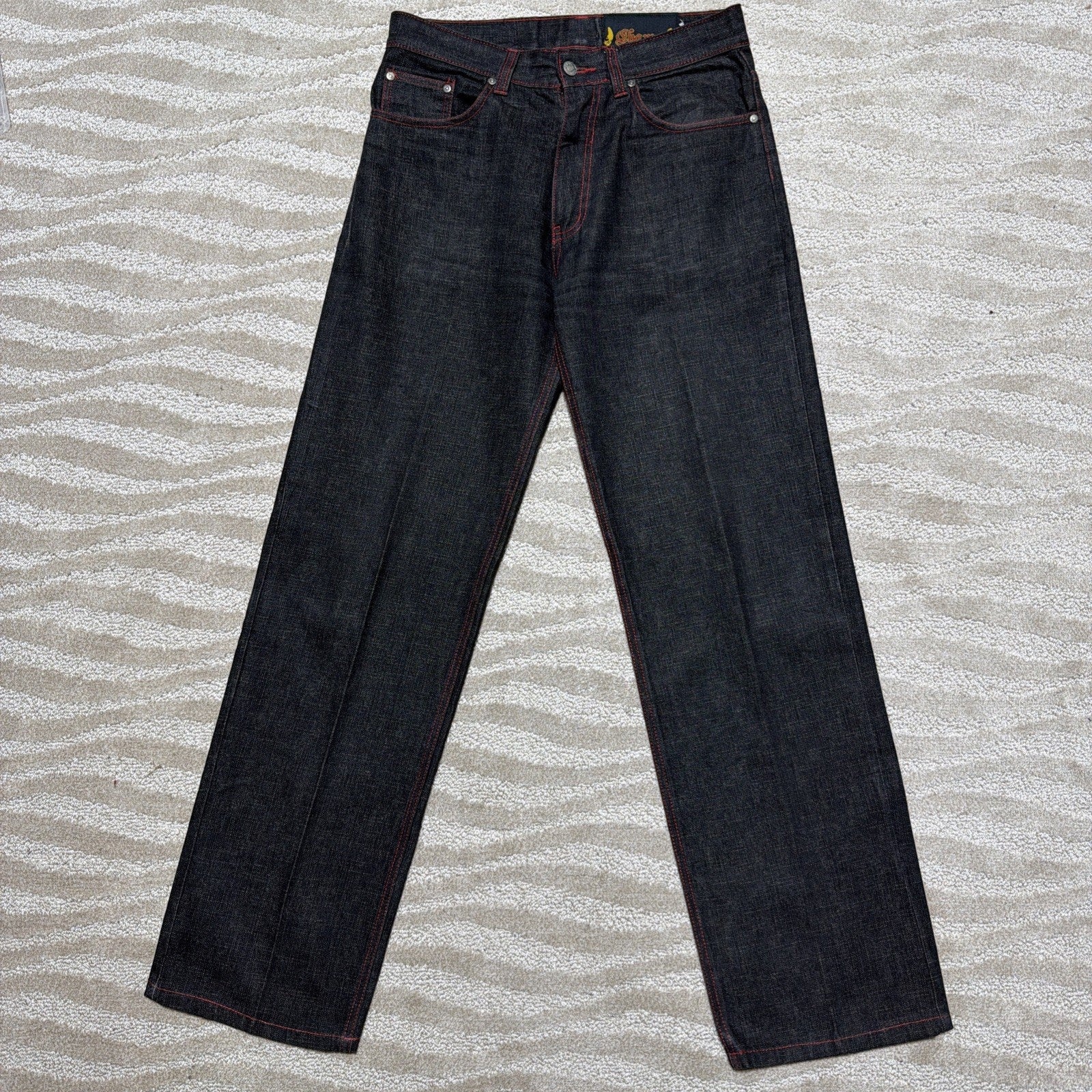 Vintage Chams Jeans Mens 30 Black W Red Trim Baggy Embroidered Skate Hip Hop Y2K