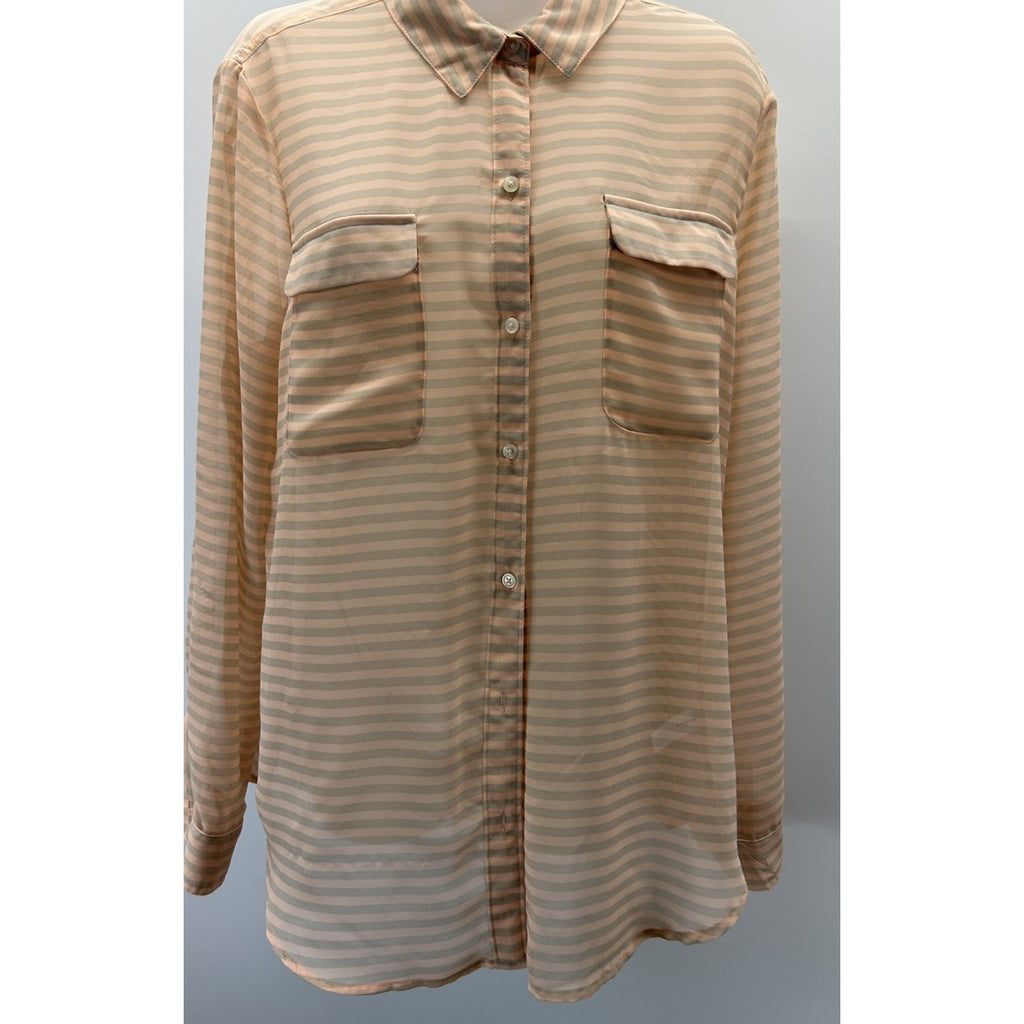 WOMEN'S OLD NAVY SHEER PEACH/GRAY STRIPE LONG SLEEVE SHIRT - SIZE LARGE.