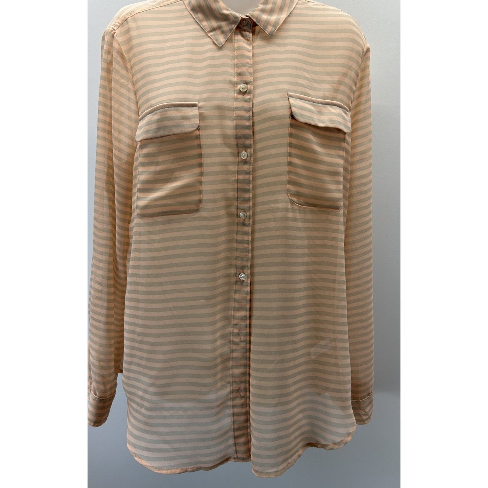 WOMEN'S OLD NAVY SHEER PEACH/GRAY STRIPE LONG SLEEVE SHIRT - SIZE LARGE.
