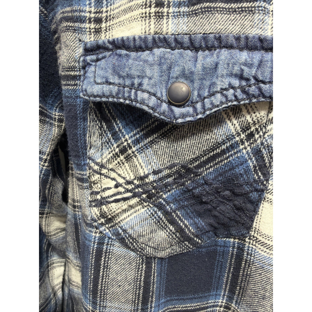 Men's RERUN Blue Plaid Button Down Cowboy Long Sleeve Shirt Size Medium