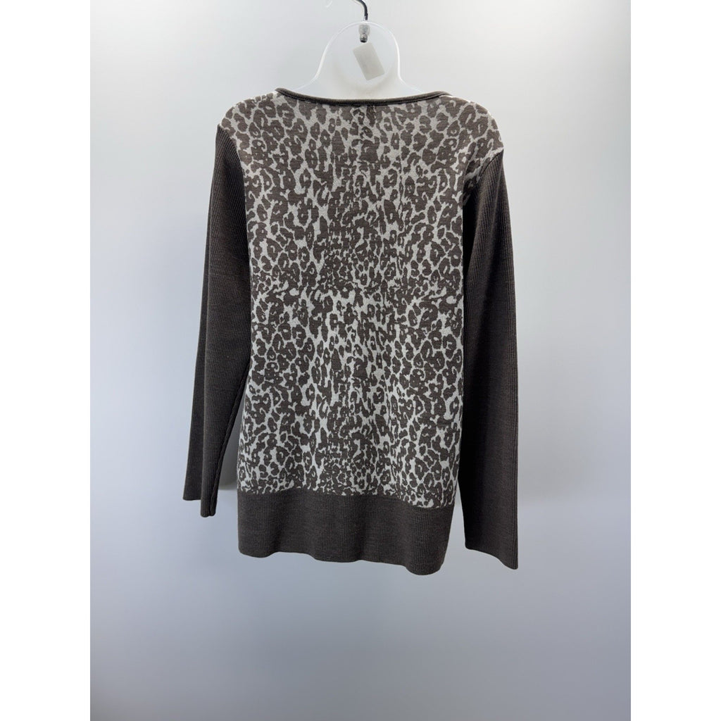 Chico's Womens Taupe Leopard Zip Pocket Long Sleeve Sweater Size 2/Large Comfort