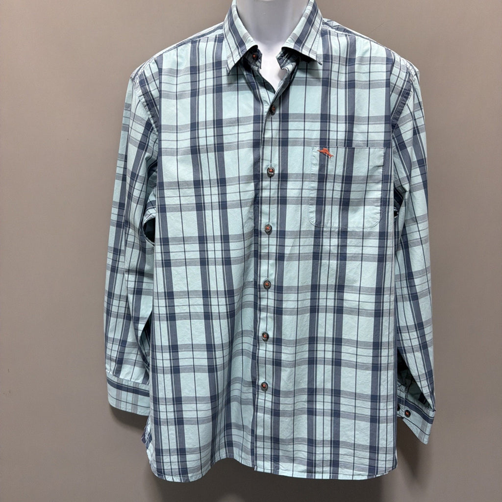 Tommy Bahama Blue Plaid Long Sleeve Button Up 100% Pima Cotton Mens Size L