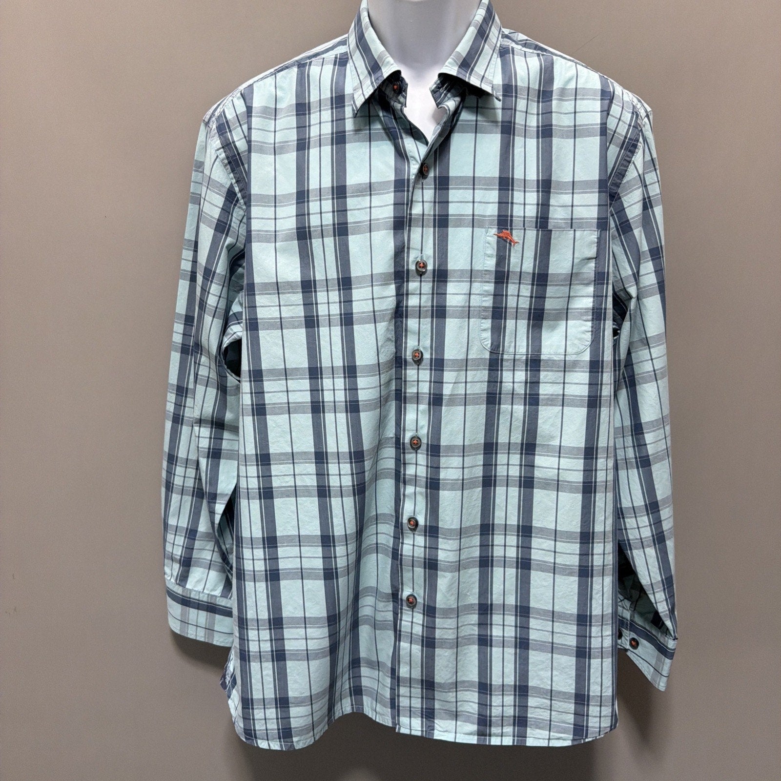 Tommy Bahama Blue Plaid Long Sleeve Button Up 100% Pima Cotton Mens Size L