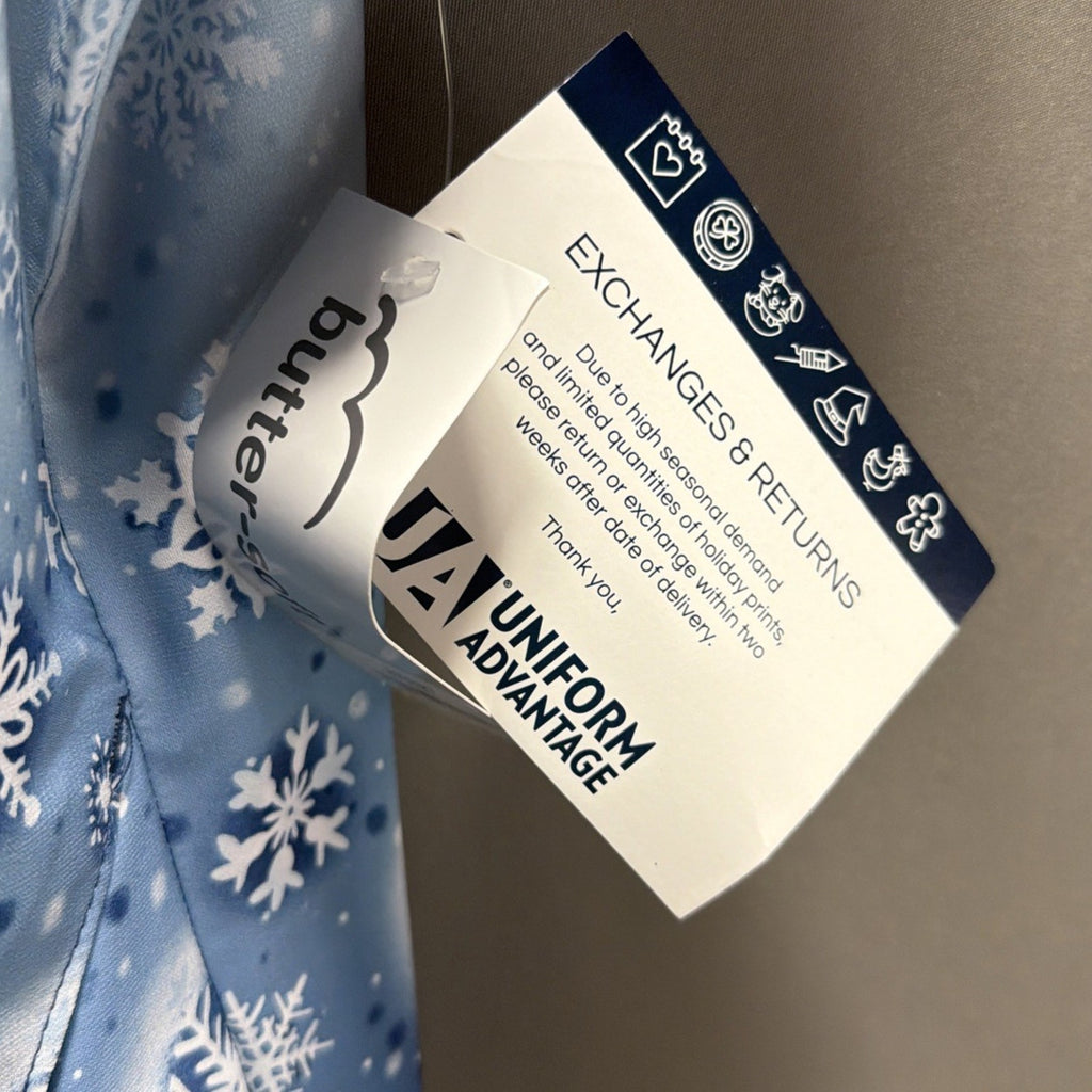 UA Scrubs Butter Soft Women's L Scrub Top Snowflake Blue Winter Christmas Stretc