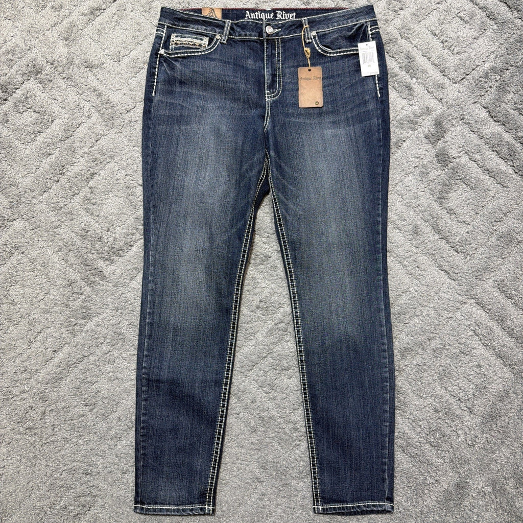 Antique Rivet Jeans Rhinestone Studded Denim 36 High Rise Thick Stitch NWT