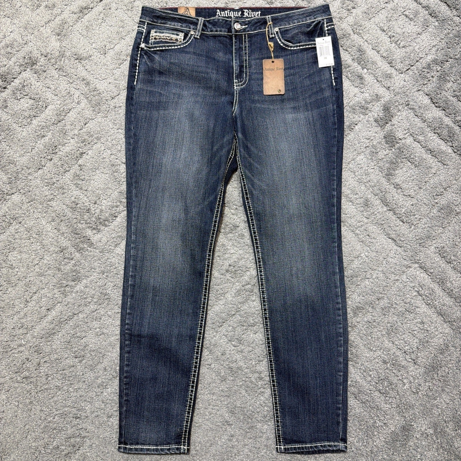 Antique Rivet Jeans Rhinestone Studded Denim 36 High Rise Thick Stitch NWT