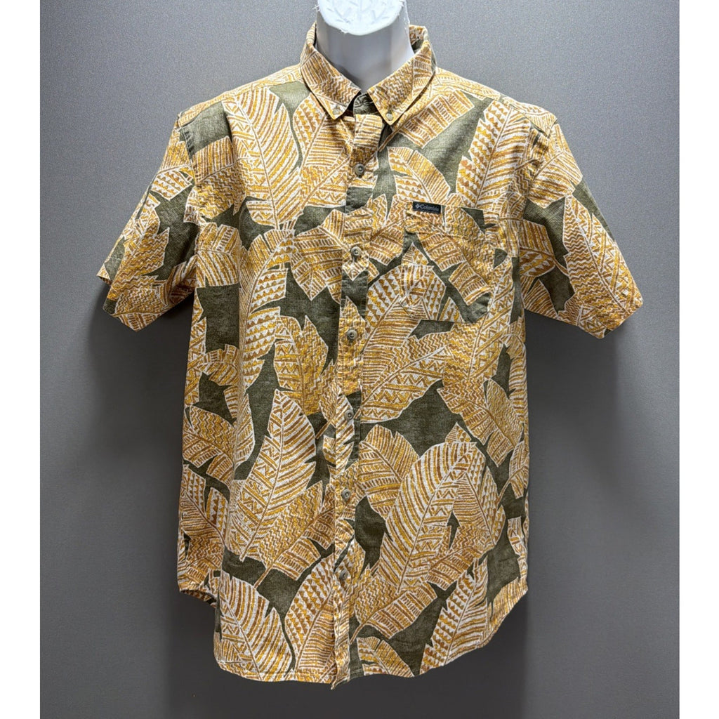 Men's Columbia Hawaiian Tropical Leaf Shirt M Button Up Shirt Sleeves Collared